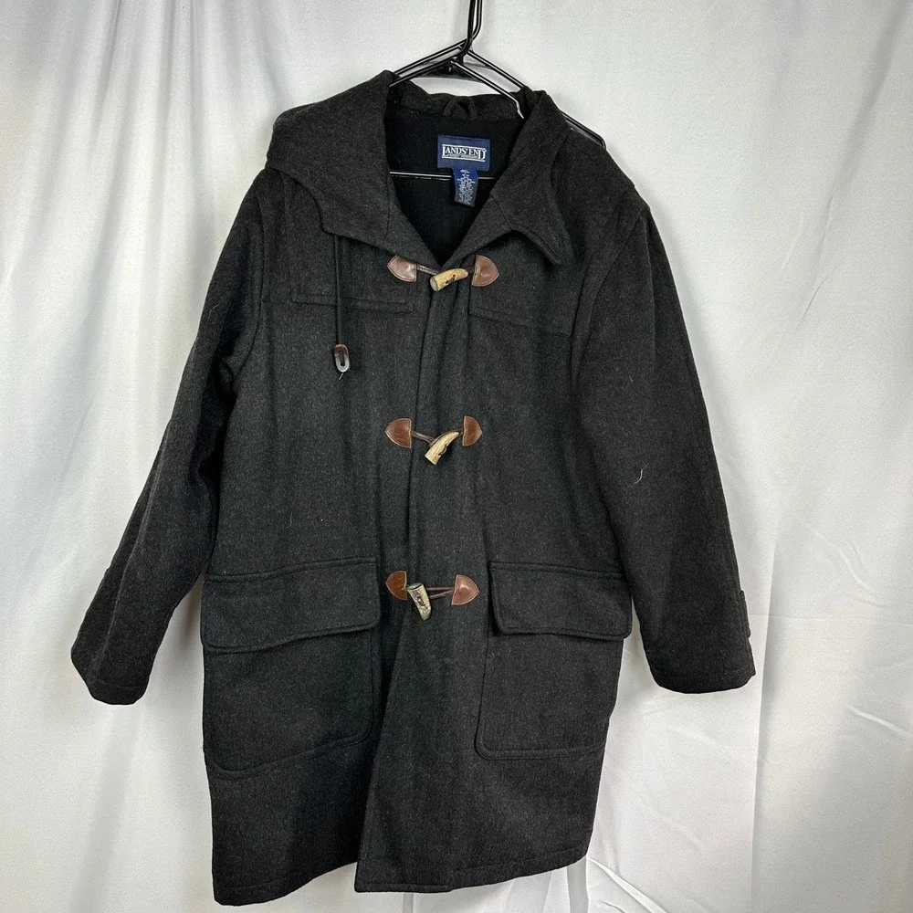 Vintage Lands' End Duffle Coat Mens L Charcoal Grey Wool Toggle Hooded Winter